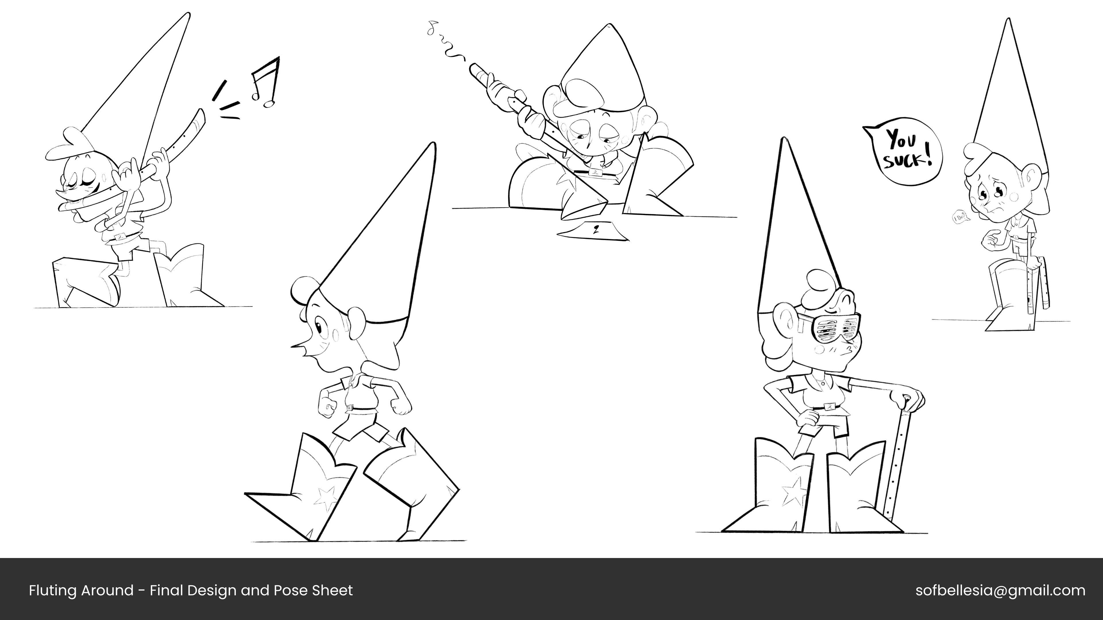 Sofia Bellesia- Fluting Around- Gnome Character Design Pose Sheet